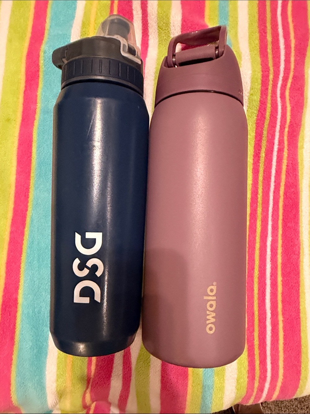 Owala Mauve Bottle and DSG plastic water bottle